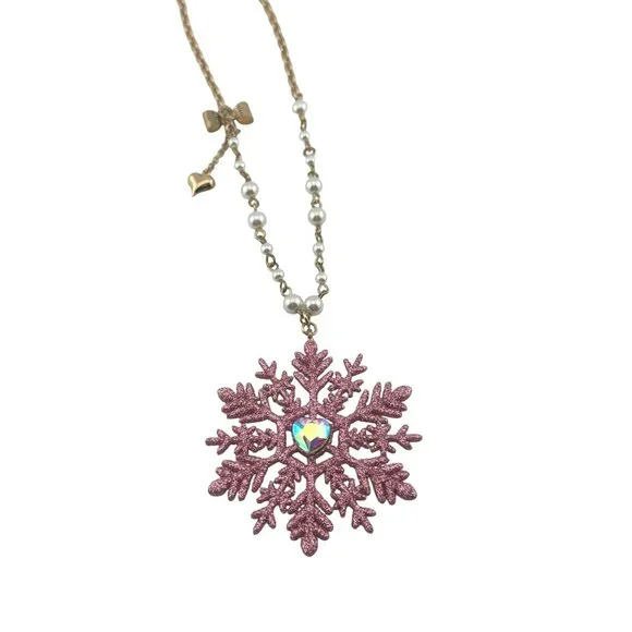 Betsey Johnson Snowflake Pendant Necklace With Pink Glitter & Heart Charm - Picture 4 of 6